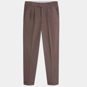 Men's Pleated Tapered Dress Pants with Cuffed Hem - Brown