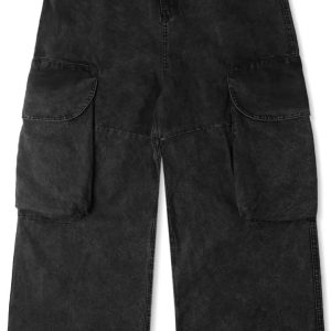 Wide-Leg Cargo Pants with Side Pockets, Washed Black