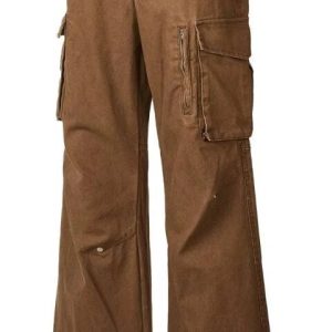 Wide-Leg Cargo Pants with Multiple Pockets, Brown