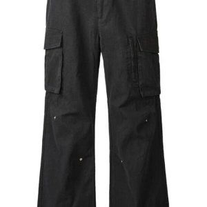 Men's Wide-Leg Cargo Pants with Side Pockets - Black