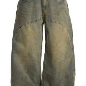 Wide-Leg Barrel Denim Jeans with Distressed Vintage Wash