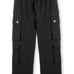 Men's Black Cargo Pants Elastic Waist Drawstring Straight Leg