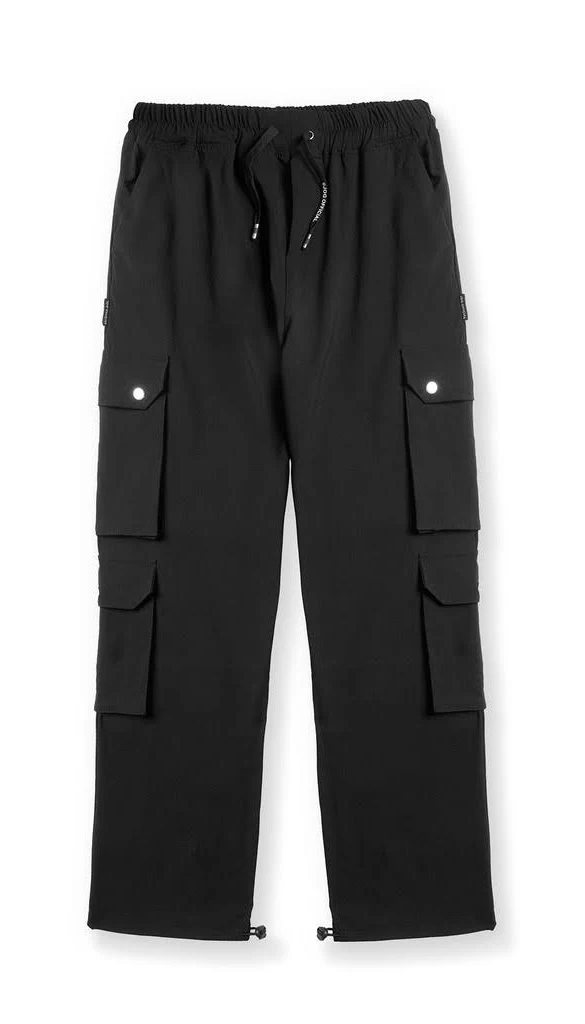 Men's Black Cargo Pants Elastic Waist Drawstring Straight Leg image 1