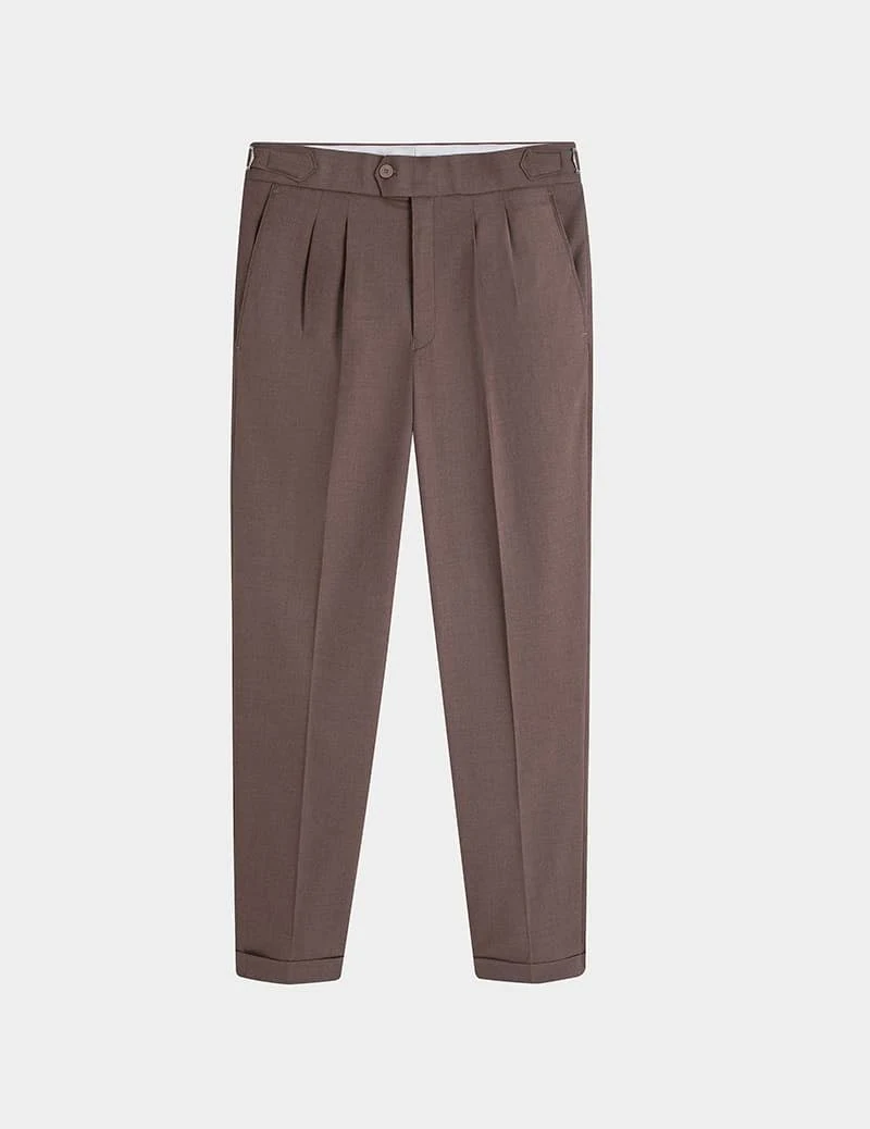 Men's Pleated Tapered Dress Pants with Cuffed Hem - Brown image 1