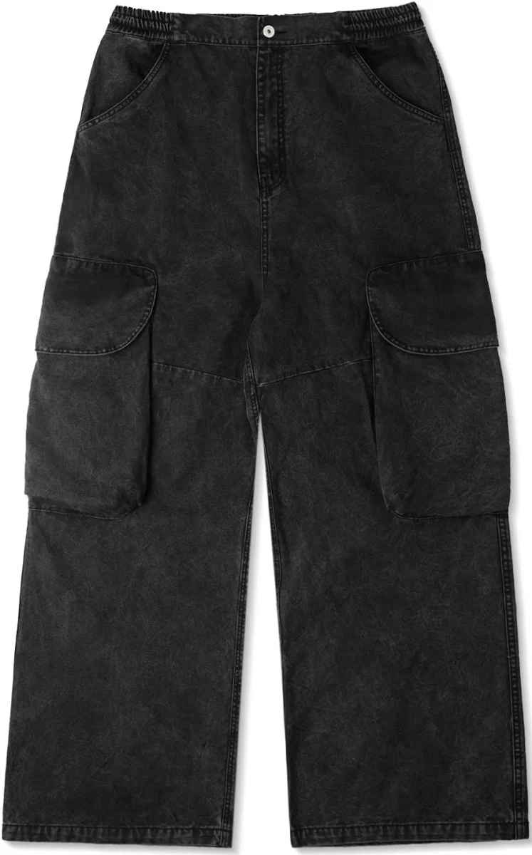 Wide-Leg Cargo Pants with Side Pockets, Washed Black image 1
